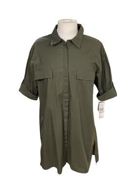 New-Sharagano Dark Green Collared Button Front Pocket Shirt Dress Size 10 NWT
